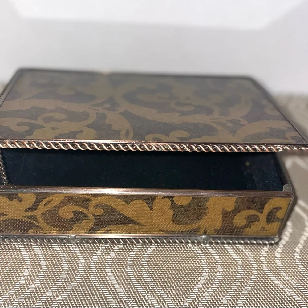 Trinket Jewelry Box With Brown Tan Gold Swirls - Glass Overlay Bronze Rope-Chain